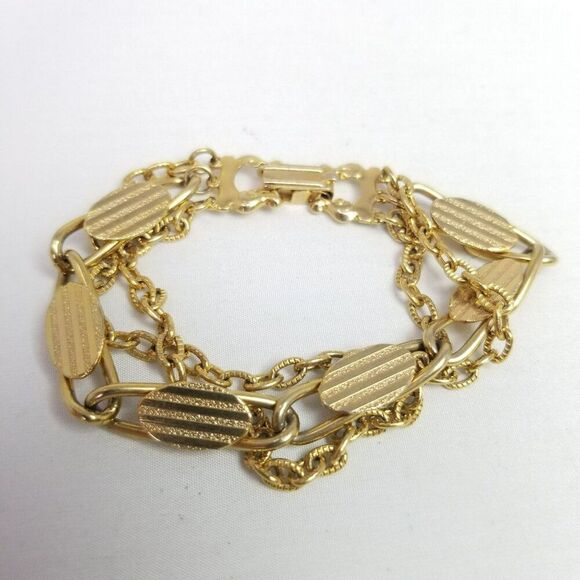 Vintage Gold Tone Chain Bracelet, Three Strand, Mixed Link Pattern, Retro Estate - Picture 2 of 6